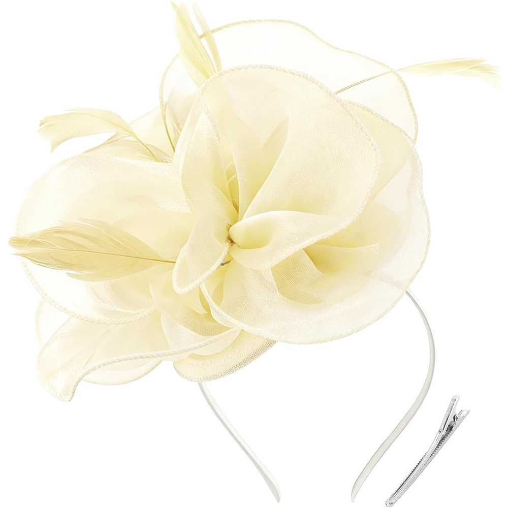 image:imageDRESHOW Fascinators Hat Tea Party Headwear Ribbons Feathers on a Headband and a Clip for WomenBeige