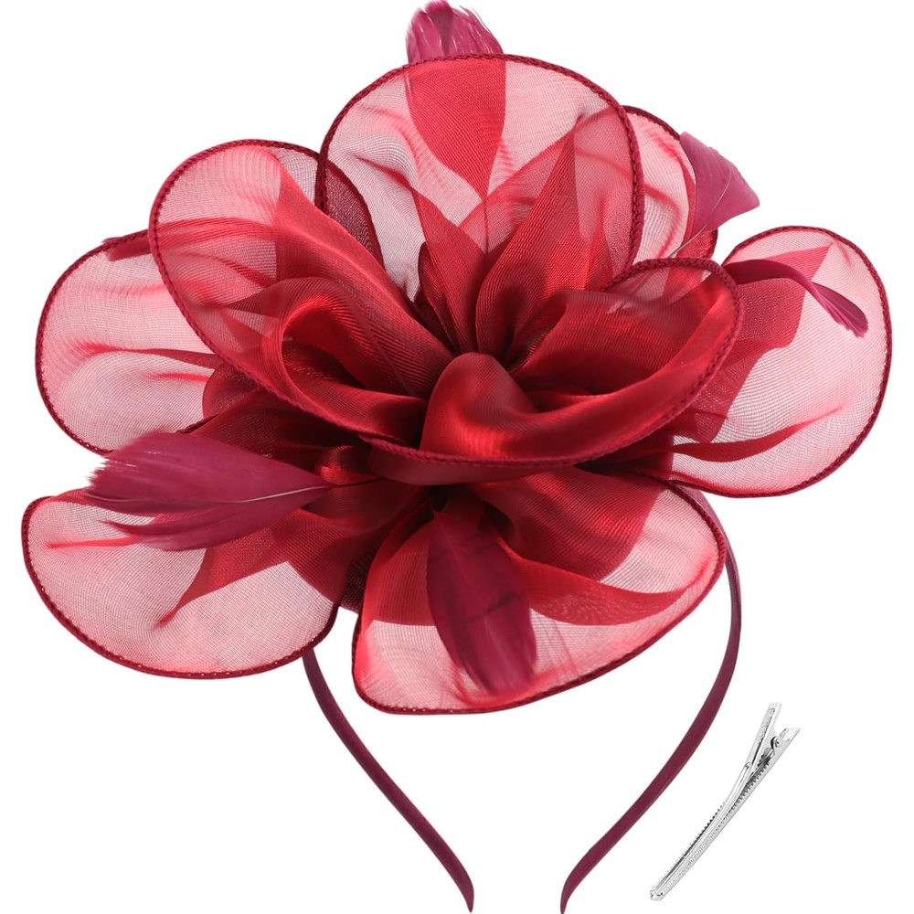 image:imageDRESHOW Fascinators Hat Tea Party Headwear Ribbons Feathers on a Headband and a Clip for WomenBurgundy