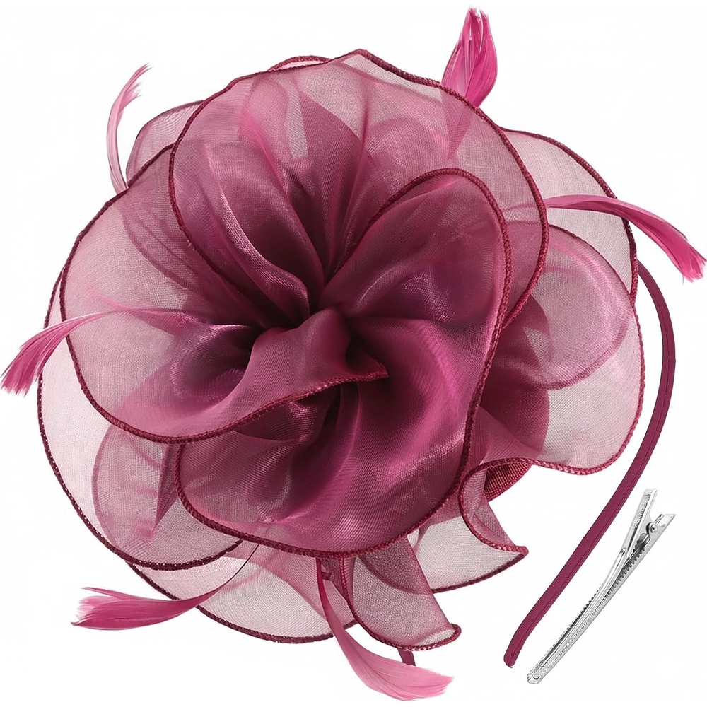 image:imageDRESHOW Fascinators Hat Tea Party Headwear Ribbons Feathers on a Headband and a Clip for WomenDeep Purple
