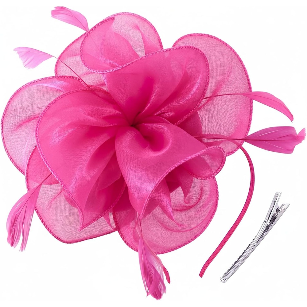 image:imageDRESHOW Fascinators Hat Tea Party Headwear Ribbons Feathers on a Headband and a Clip for WomenDeeppink