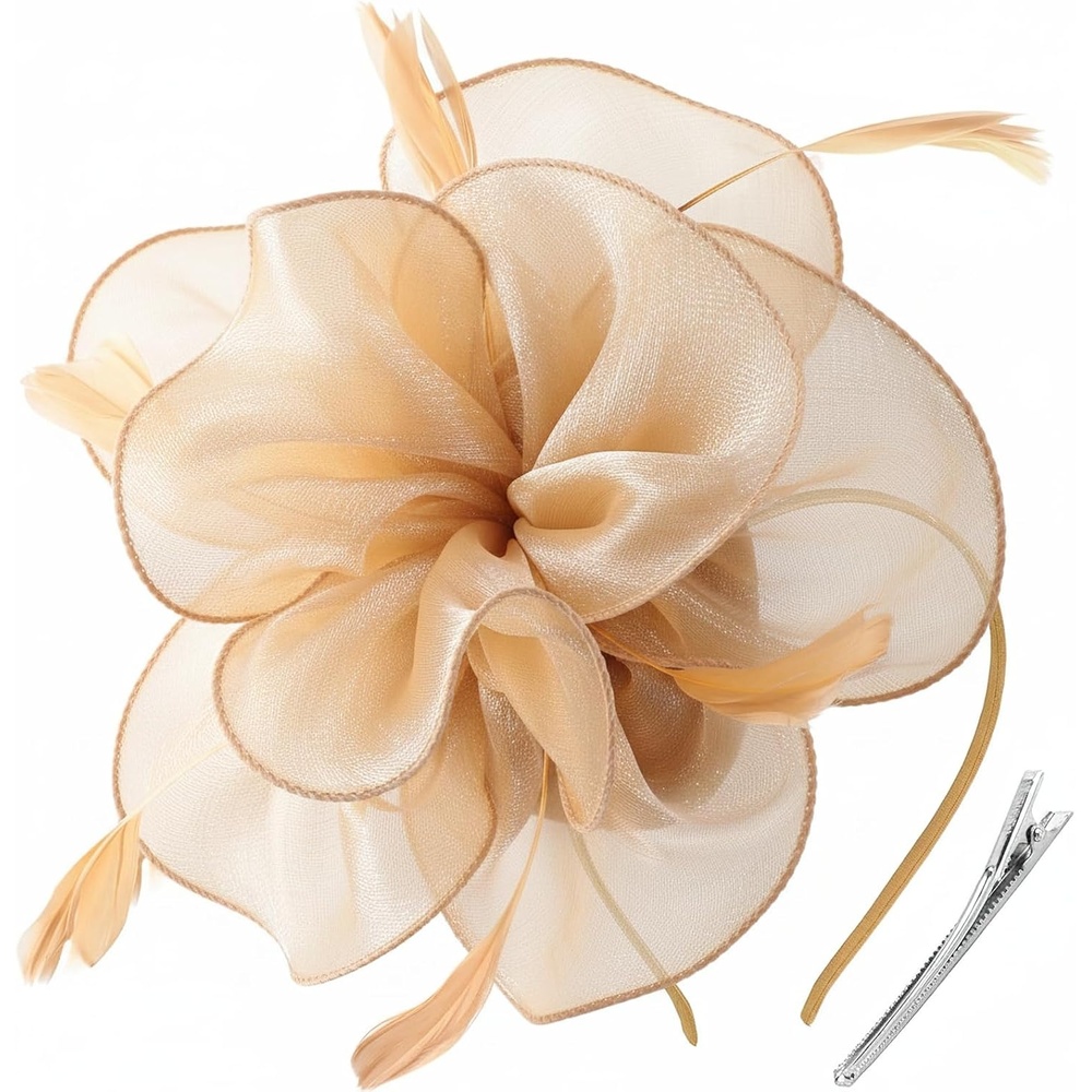 image:imageDRESHOW Fascinators Hat Tea Party Headwear Ribbons Feathers on a Headband and a Clip for WomenGold