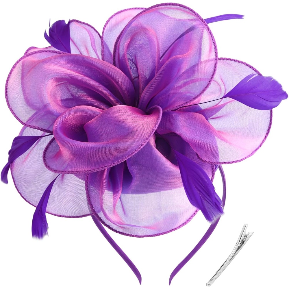 image:imageDRESHOW Fascinators Hat Tea Party Headwear Ribbons Feathers on a Headband and a Clip for WomenPurple