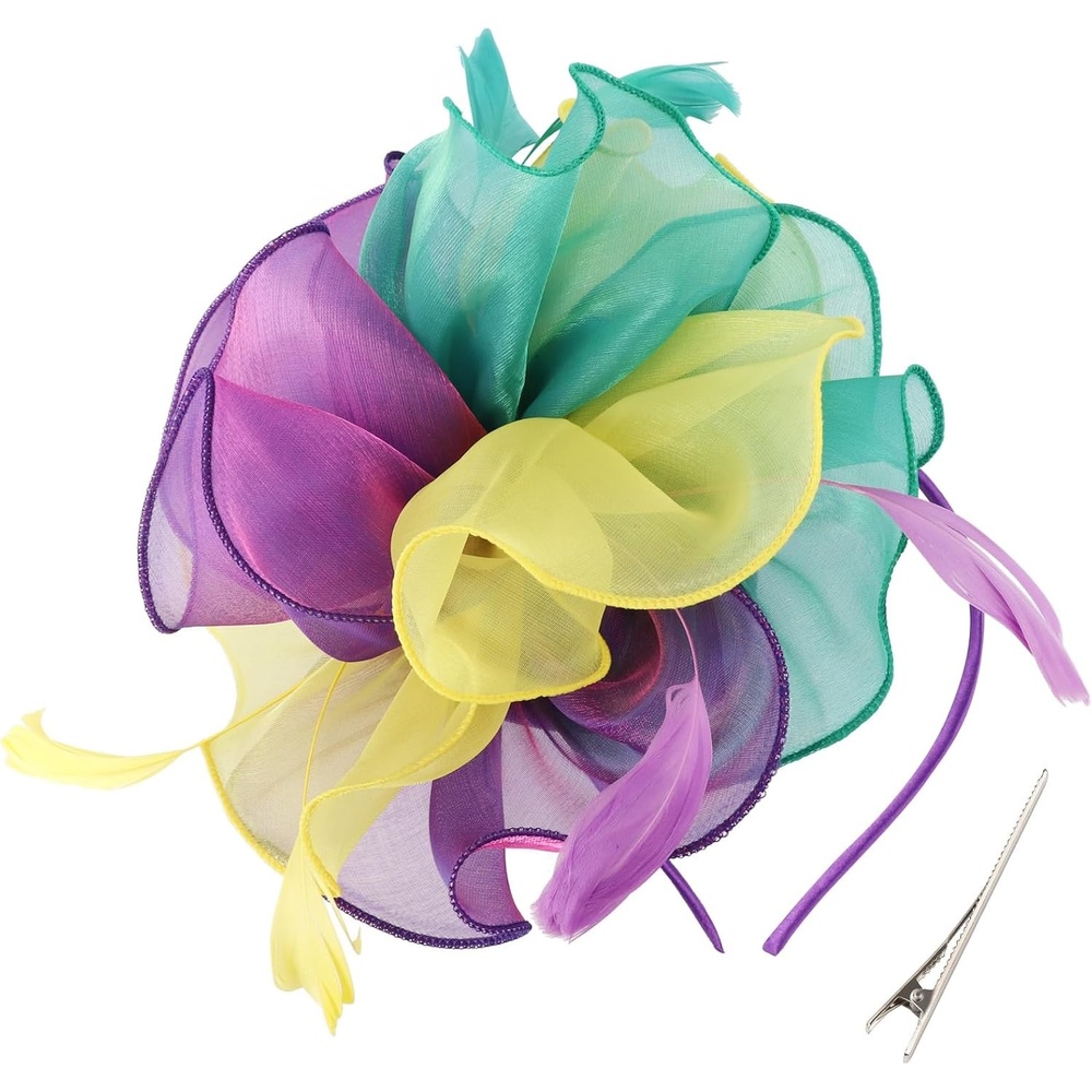 image:imageDRESHOW Fascinators Hat Tea Party Headwear Ribbons Feathers on a Headband and a Clip for WomenTri Color Fascinator