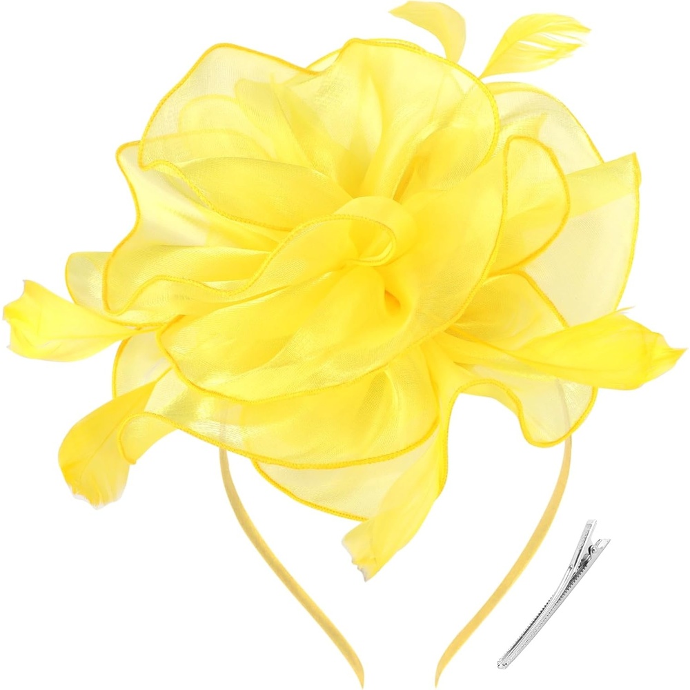 image:imageDRESHOW Fascinators Hat Tea Party Headwear Ribbons Feathers on a Headband and a Clip for WomenYellow