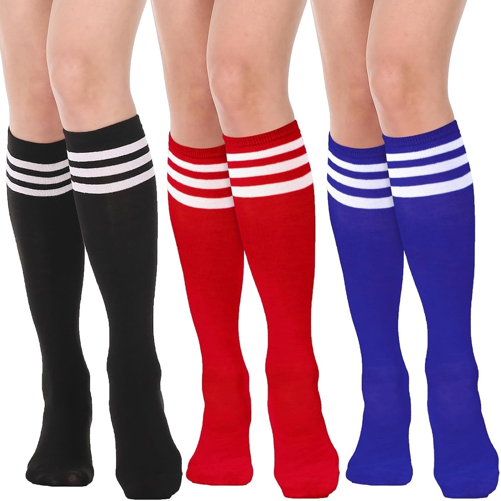 image:imageDRESHOW Womens Knee High Socks Seamless Toe Stripe Tube Knee Socks 3 Pairs3 Pairs Knee High Red  Sapphire Blue  Black