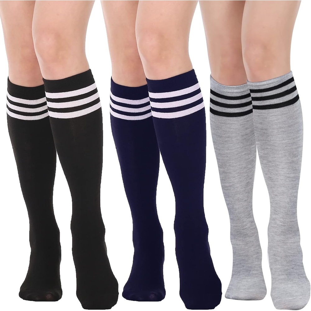 image:imageDRESHOW Womens Knee High Socks Seamless Toe Stripe Tube Knee Socks 3 Pairs3 Pairs Knee High Socks GreyNavyBlack