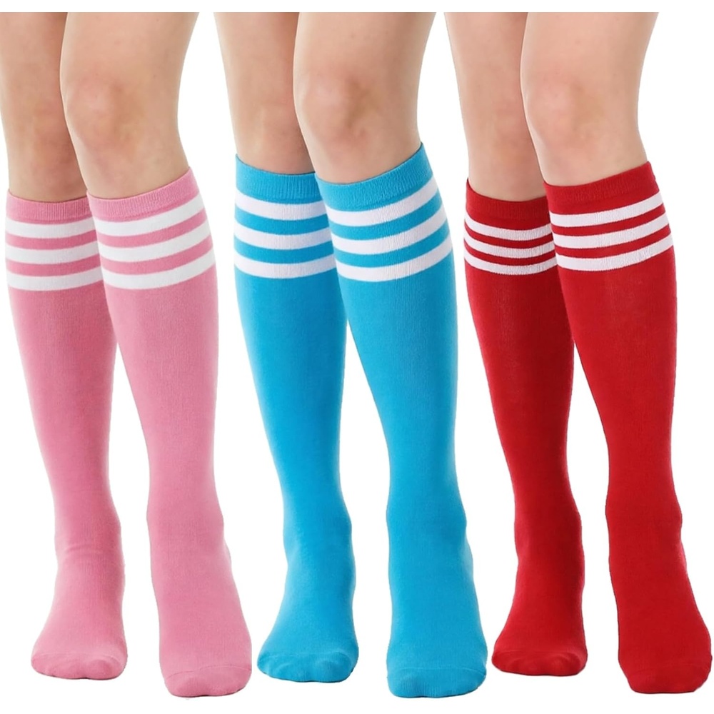 image:imageDRESHOW Womens Knee High Socks Seamless Toe Stripe Tube Knee Socks 3 Pairs3 Pairs Knee High Socks PinkRedBlue