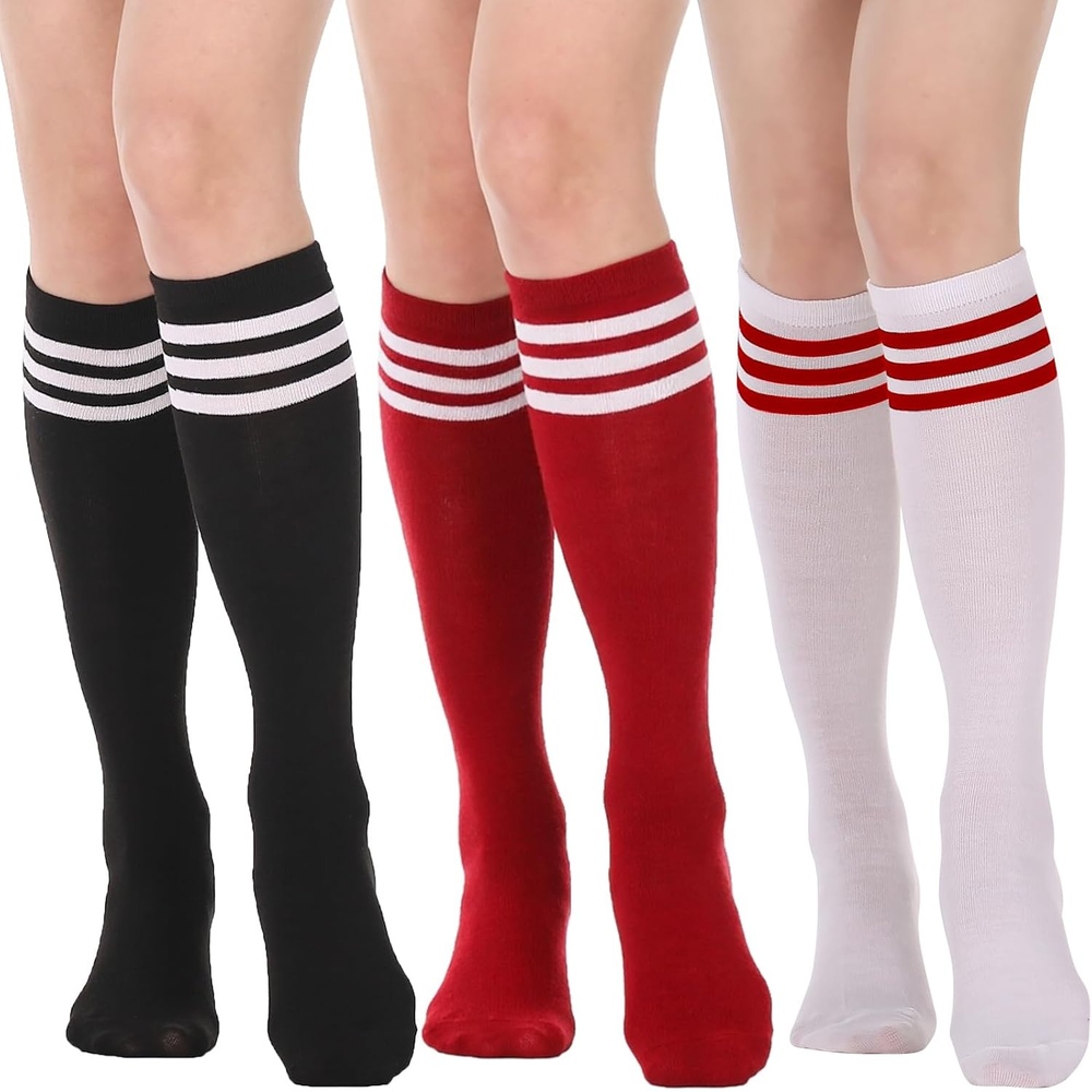 image:imageDRESHOW Womens Knee High Socks Seamless Toe Stripe Tube Knee Socks 3 Pairs3 Pairs Knee High Socks WhiteRedBlack