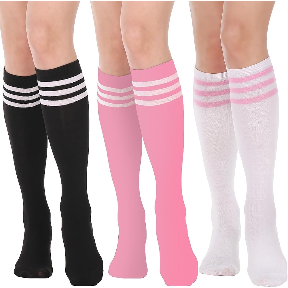 image:imageDRESHOW Womens Knee High Socks Seamless Toe Stripe Tube Knee Socks 3 Pairs3 Pairs Striped Knee High Pink White Black