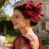 DRESHOW Fascinators Hat Tea Party Headwear Ribbons Feathers on a Headband and a Clip for Women(Burgundy)