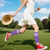 DRESHOW Women’s Knee High Socks Seamless Toe Stripe Tube Knee Socks 3 Pairs(3 Pairs Knee High: Purple)