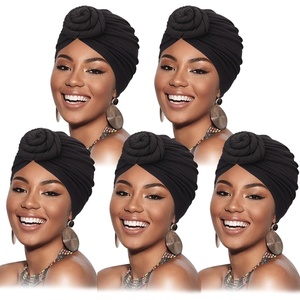 DRESHOW 5 Pack Knotted Headwraps for Women African Turban Pre-Knotted Beanie Headwraps Hair Covers(5 Pack Donuts: Black)