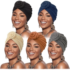 DRESHOW 5 Pack Knotted Headwraps for Women African Turban Pre-Knotted Beanie Headwraps Hair Covers(5 Pack Donuts: Dark Grey  Khaki  Dark Khaki  Navy Blue  Black)