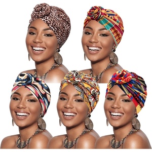 DRESHOW 5 Pack Knotted Headwraps for Women African Turban Pre-Knotted Beanie Headwraps Hair Covers(5 Pack Donuts: Flower Printed Ba)