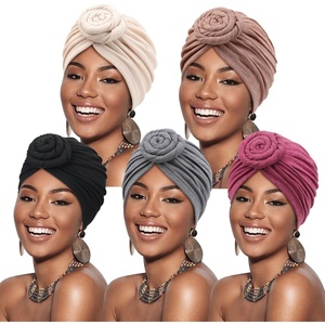 DRESHOW 5 Pack Knotted Headwraps for Women African Turban Pre-Knotted Beanie Headwraps Hair Covers(5 Pack Donuts: Ivory  Taupe  Black  Gray  Fuchsia)