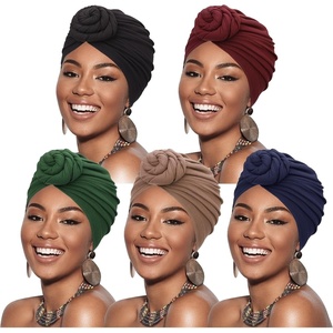 DRESHOW 5 Pack Knotted Headwraps for Women African Turban Pre-Knotted Beanie Headwraps Hair Covers(5 Pack Donuts: Tan  Black  Navy  Green  Wine)