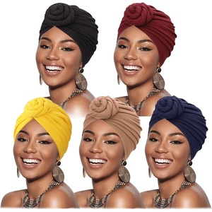 DRESHOW 5 Pack Knotted Headwraps for Women African Turban Pre-Knotted Beanie Headwraps Hair Covers(5 Pack Donuts: Tan/Wine/Yellow/Navy/Black)