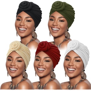 DRESHOW 5 Pack Knotted Headwraps for Women African Turban Pre-Knotted Beanie Headwraps Hair Covers(5 Pack Donuts: White  Khaki  Army Green  Dark Red  Black)