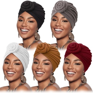 DRESHOW 5 Pack Knotted Headwraps for Women African Turban Pre-Knotted Beanie Headwraps Hair Covers(5 Pack Donuts: White/Burgundy/Black/Light Purple/Ginger)