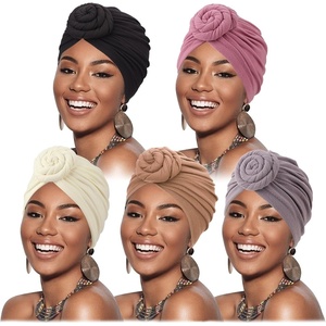 DRESHOW 5 Pack Knotted Headwraps for Women African Turban Pre-Knotted Beanie Headwraps Hair Covers(5 Pack Donuts: White/Tan/Pink/Grey/Black)