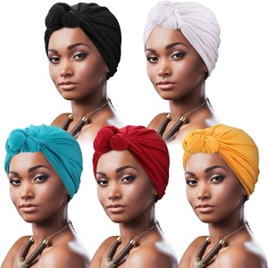 DRESHOW 5 Pack Knotted Headwraps for Women African Turban Pre-Knotted Beanie Headwraps Hair Covers(5 Pack Knotted: Black  Russet  Mustarl  Teal  White)