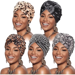 DRESHOW 5 Pack Knotted Headwraps for Women African Turban Pre-Knotted Beanie Headwraps Hair Covers(5 Pack Knotted: Floral Prints)