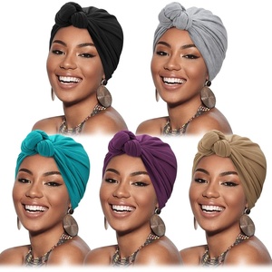DRESHOW 5 Pack Knotted Headwraps for Women African Turban Pre-Knotted Beanie Headwraps Hair Covers(5 Pack Knotted: Khaki/Purple/Teal/Grey/Black)