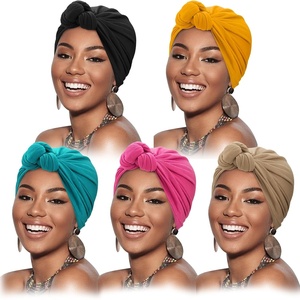 DRESHOW 5 Pack Knotted Headwraps for Women African Turban Pre-Knotted Beanie Headwraps Hair Covers(5 Pack Knotted: Mustard/Rose/Khaki/Teal/Black)