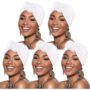 DRESHOW 5 Pack Knotted Headwraps for Women African Turban Pre-Knotted Beanie Headwraps Hair Covers(5 Pack Knotted: White)