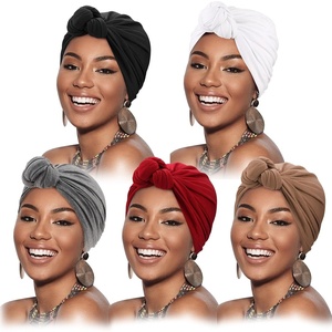 DRESHOW 5 Pack Knotted Headwraps for Women African Turban Pre-Knotted Beanie Headwraps Hair Covers(5 Pack Knotted: White/Russet/Khaki/Dark Grey/Black)
