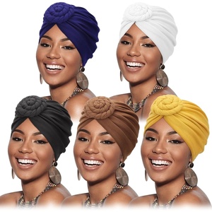 DRESHOW 5 Pack Knotted Headwraps for Women African Turban Pre-Knotted Beanie Headwraps Hair Covers(5 Pcs Donut Flower: White  Yellow  Navy Blue  Dark Coffee  Black)