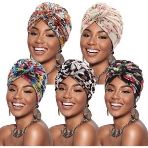 DRESHOW 5 Pack Knotted Headwraps for Women African Turban Pre-Knotted Beanie Headwraps Hair Covers(5 Pcs Floral Donuts C)