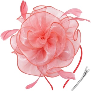 DRESHOW Fascinators Hat Tea Party Headwear Ribbons Feathers on a Headband and a Clip for Women(1 Pc: Coral Pink)
