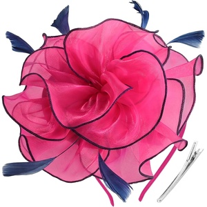 DRESHOW Fascinators Hat Tea Party Headwear Ribbons Feathers on a Headband and a Clip for Women(8.2″ / Hot Pink & Navy Blue)