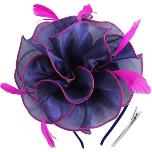 DRESHOW Fascinators Hat Tea Party Headwear Ribbons Feathers on a Headband and a Clip for Women(8.2″ / Navy Blue & Hot Pink)