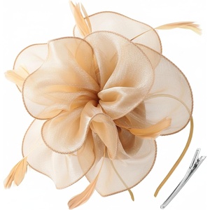 DRESHOW Fascinators Hat Tea Party Headwear Ribbons Feathers on a Headband and a Clip for Women(Gold)