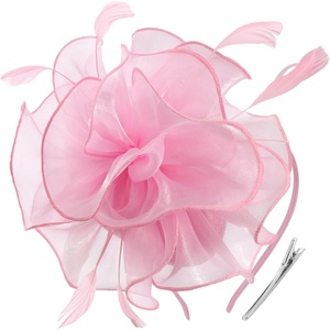 DRESHOW Fascinators Hat Tea Party Headwear Ribbons Feathers on a Headband and a Clip for Women(Light Pink)
