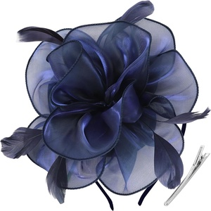 DRESHOW Fascinators Hat Tea Party Headwear Ribbons Feathers on a Headband and a Clip for Women(Navy)