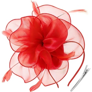 DRESHOW Fascinators Hat Tea Party Headwear Ribbons Feathers on a Headband and a Clip for Women(Red)