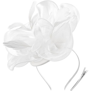 DRESHOW Fascinators Hat Tea Party Headwear Ribbons Feathers on a Headband and a Clip for Women(White)