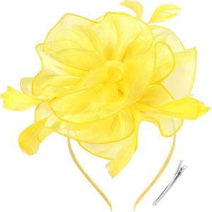 DRESHOW Fascinators Hat Tea Party Headwear Ribbons Feathers on a Headband and a Clip for Women(Yellow)