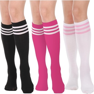 DRESHOW Women’s Knee High Socks Seamless Toe Stripe Tube Knee Socks 3 Pairs(3 Pairs Knee High: Fuschia  White  Black)