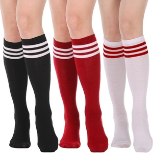 DRESHOW Women’s Knee High Socks Seamless Toe Stripe Tube Knee Socks 3 Pairs(3 Pairs Knee High Socks: White/Red/Black)