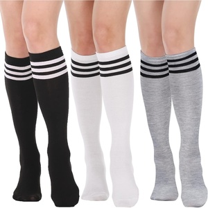 DRESHOW Women’s Knee High Socks Seamless Toe Stripe Tube Knee Socks 3 Pairs(3 Pairs Knee High: White  Light Grey  Black)