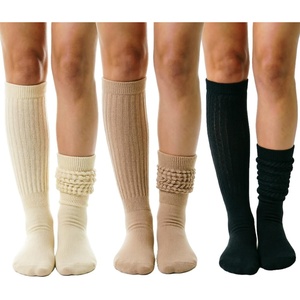DRESHOW Women’s Knee High Socks Seamless Toe Stripe Tube Knee Socks 3 Pairs(3 Pairs Slouchy Socks: Beige  Light Camel  Black)