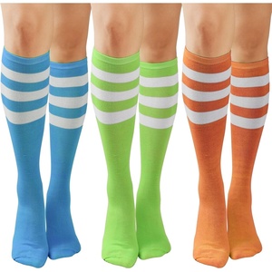 DRESHOW Women’s Knee High Socks Seamless Toe Stripe Tube Knee Socks 3 Pairs(3 Pairs Striped Knee High: Green  Blue  Orange)
