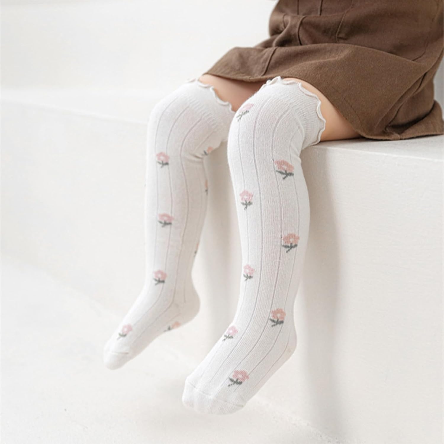 image:imageBQUBO Baby Knee High Sock Newborn Toddler Kids Girl Dress Socks Baby Knit Stocking Cotton Infant Bow Socks for 07 Years5 Pairs Floral Beige White Pink Coffee Khaki