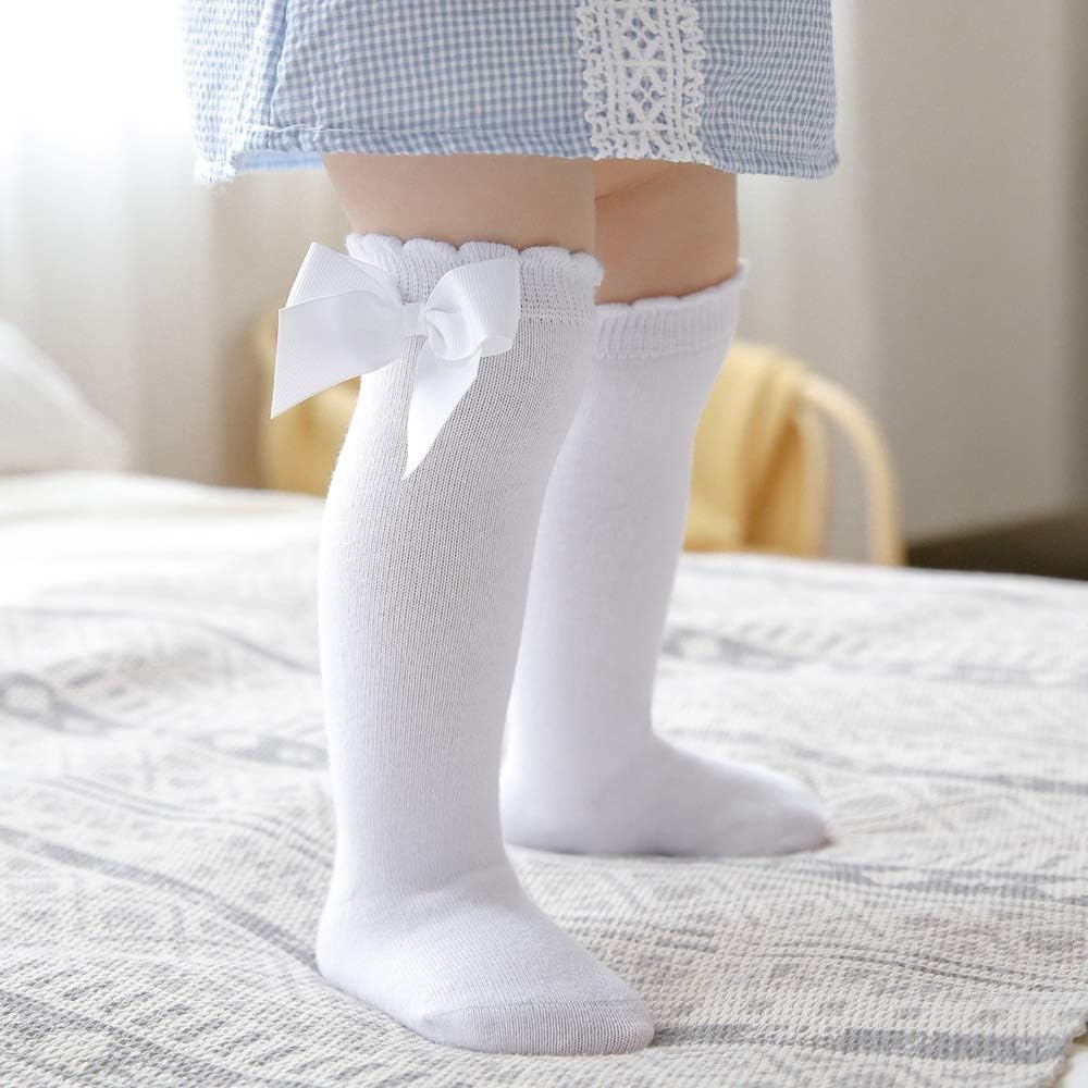 image:imageBQUBO Baby Knee High Sock Newborn Toddler Kids Girl Dress Socks Baby Knit Stocking Cotton Infant Bow Socks for 07 Years5 Pairs WhiteLight PinkGreyPinkBlack