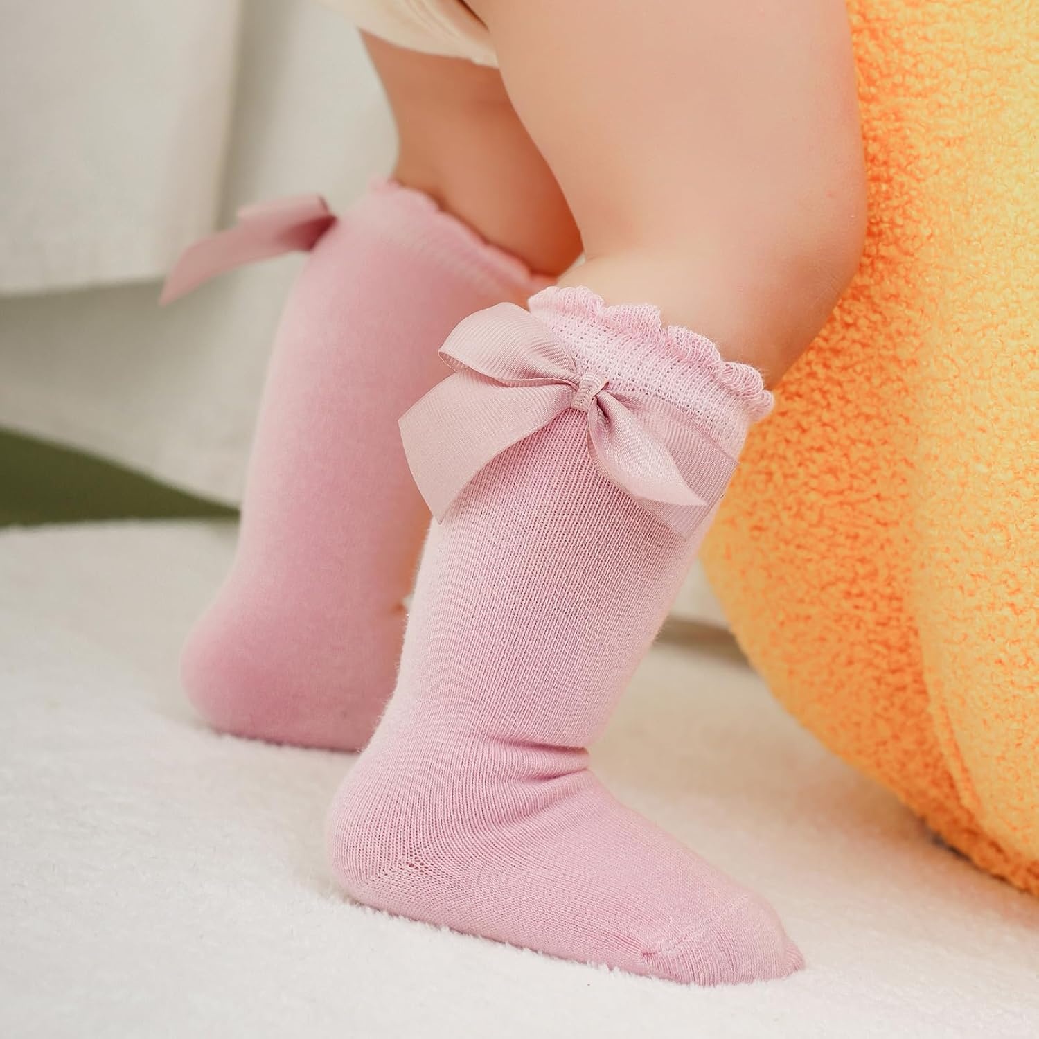 image:imageBQUBO Baby Knee High Sock Newborn Toddler Kids Girl Dress Socks Baby Knit Stocking Cotton Infant Bow Socks for 07 Years5 Pairs WhiteLight PinkGreyPinkBlack