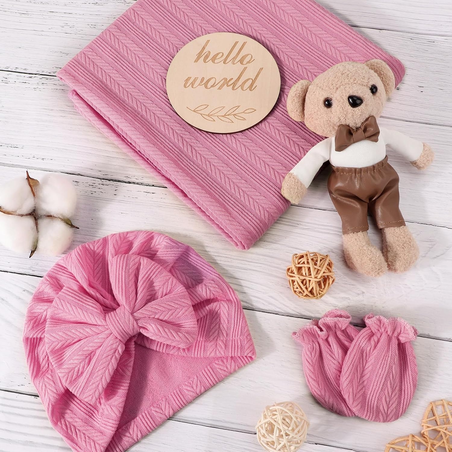 image:imageBQUBO Newborn Receiving Blankets Cotton Warm Sleepsack with Mittens amp Bow Hats Hospital Baby Swaddling Shower Gift3 Set Plain Bow Hat Mitten Blanket I